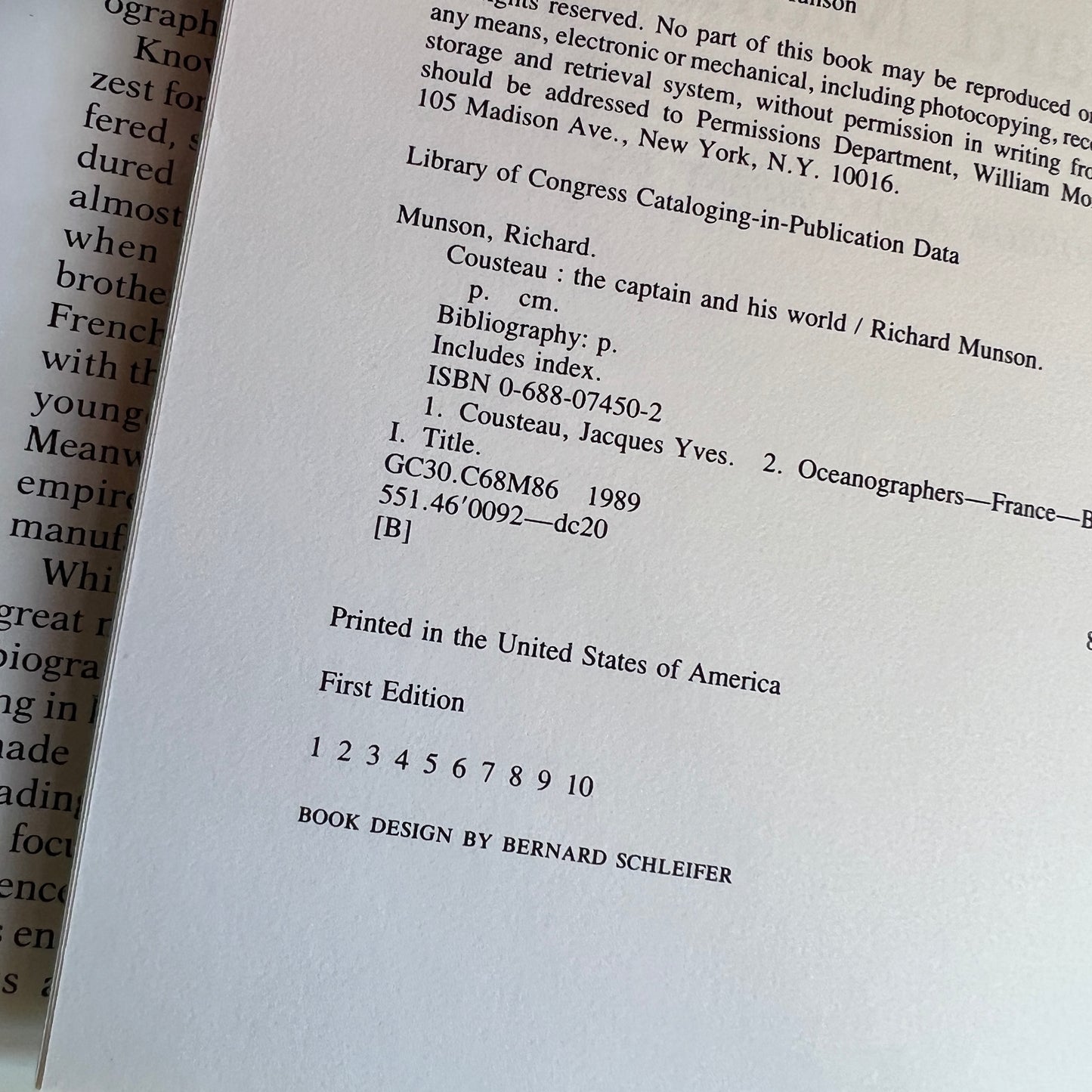 Cousteau: The Captain and His World by Richard Munson - First Edition