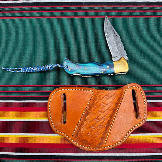 Damascus Folding Lock Blade Knife by Rill Simple Tools with Custom Leather Belt Holster