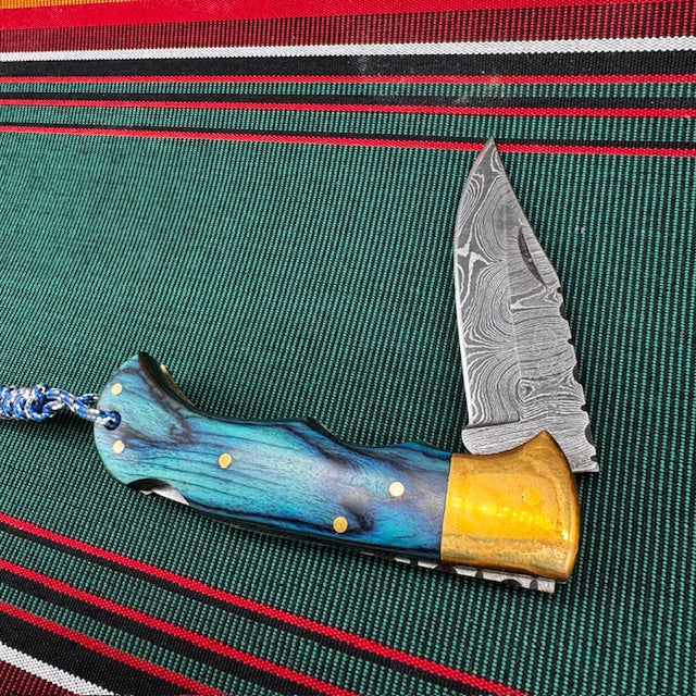 Damascus Folding Lock Blade Knife by Rill Simple Tools with Custom Leather Belt Holster