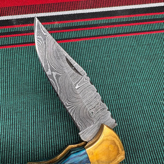 Damascus Folding Lock Blade Knife by Rill Simple Tools with Custom Leather Belt Holster