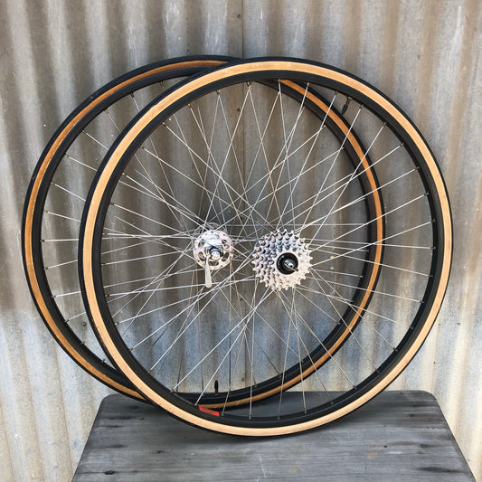 Vintage Campagnolo Wheelset - Record High Flange Hubs Laced with Stainless Spokes to Mavic MA-40s